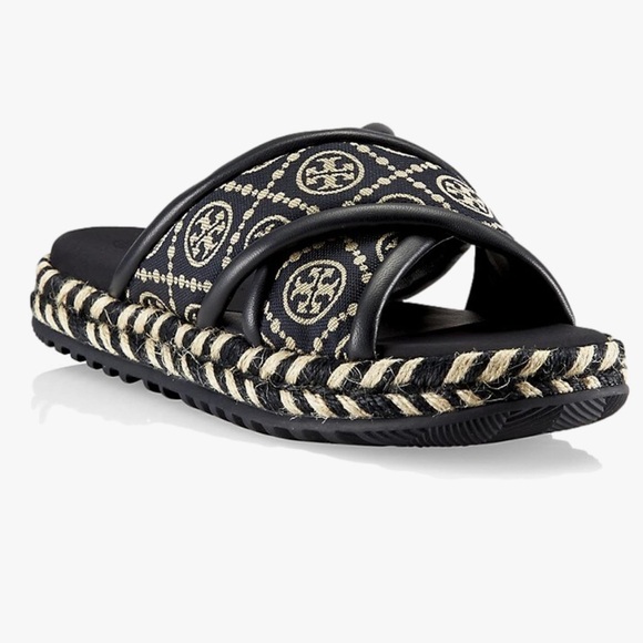 Tory Burch T Monogram Cross Espadrille Slide Sandal, Perfect Navy 7 $228 - Picture 1 of 8